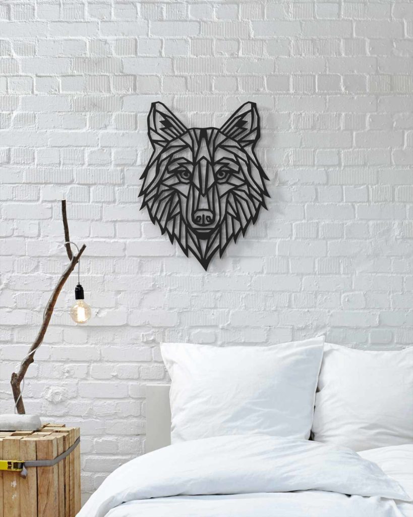 Décoration Murale En Bois - Loup Et Montagne - Silhouette Noire - 50.7x27cm